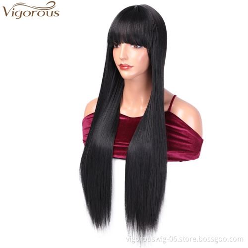 Vigorous Lace Front Good Quality Long Silky Straight Wig With Bangs Synthetic 28 Inch For Black Women Heat Resistant Fiber Wigs